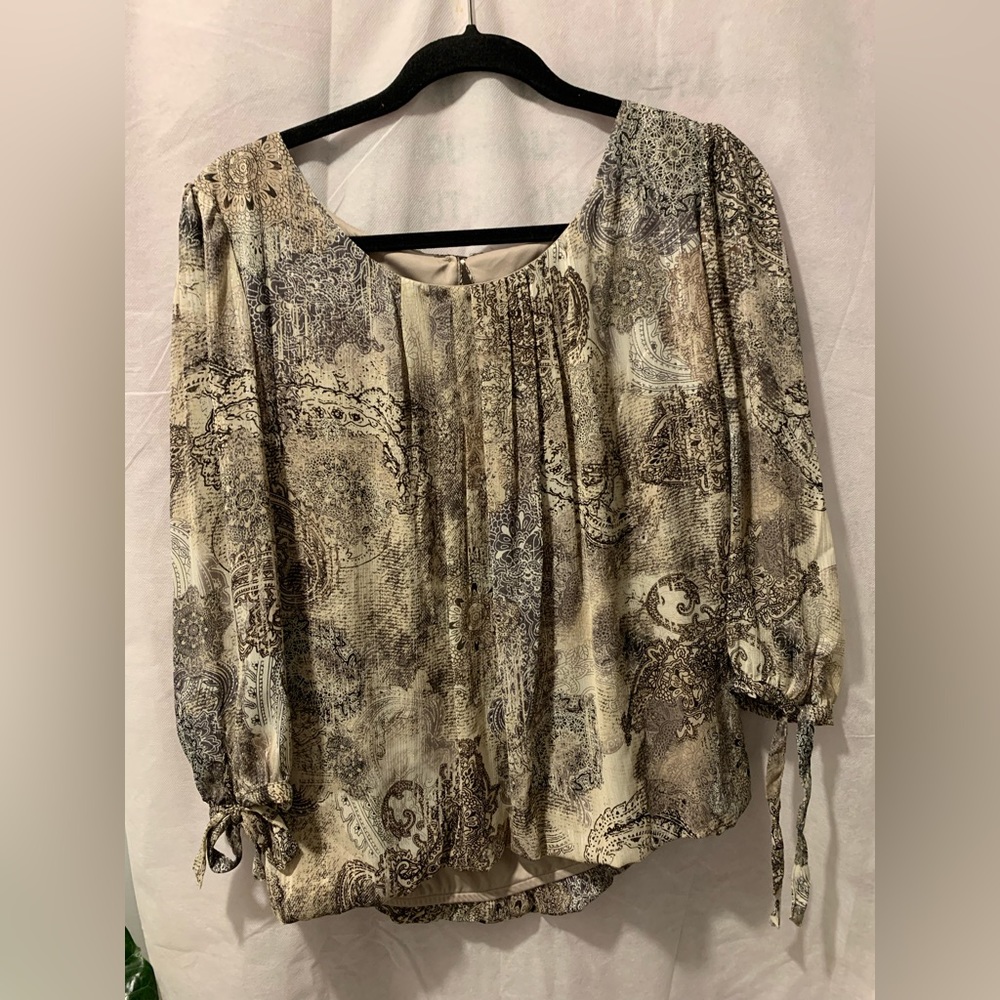 ROZ&ALI Blouse Large Beige Brown black Print 3/4 Tie Sleeves Bubble Elastic Hem